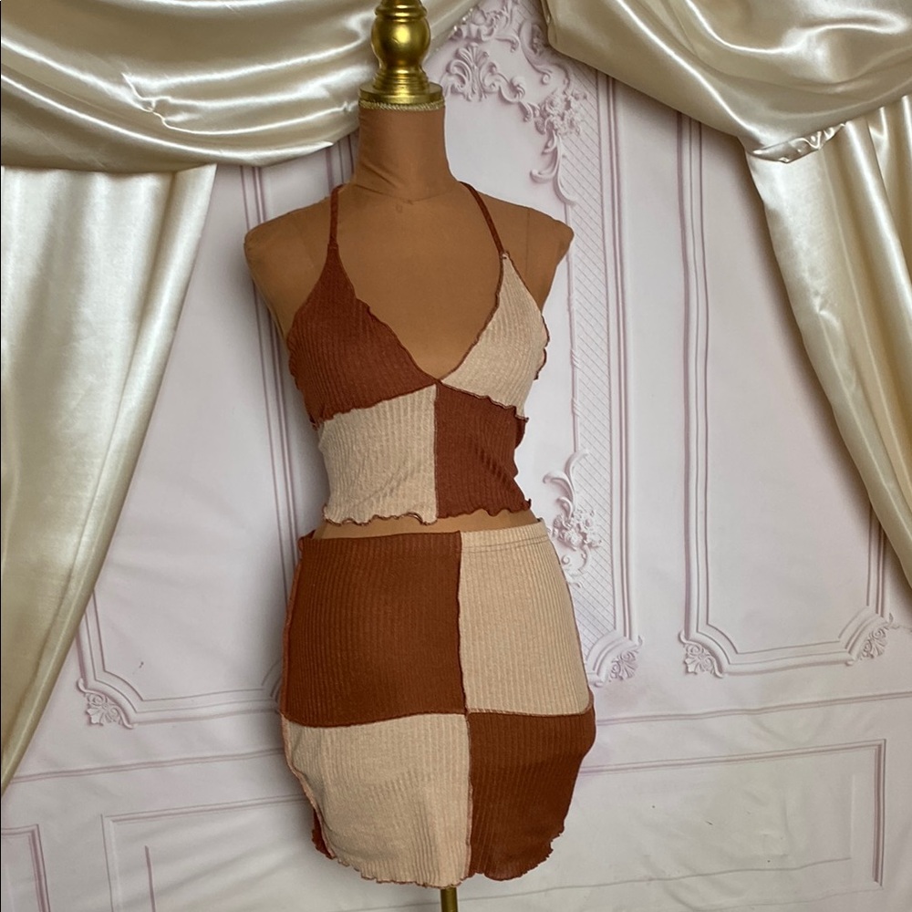 Two-Tone Knit Halter Top and Skirt Set
